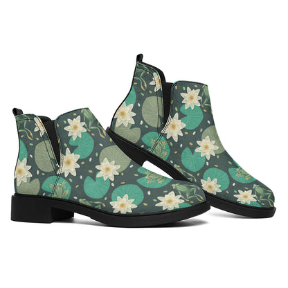 Frogs And Water Lilies Pattern Print Flat Ankle Boots