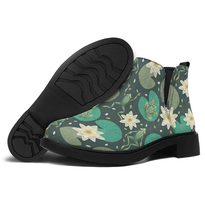 Frogs And Water Lilies Pattern Print Flat Ankle Boots