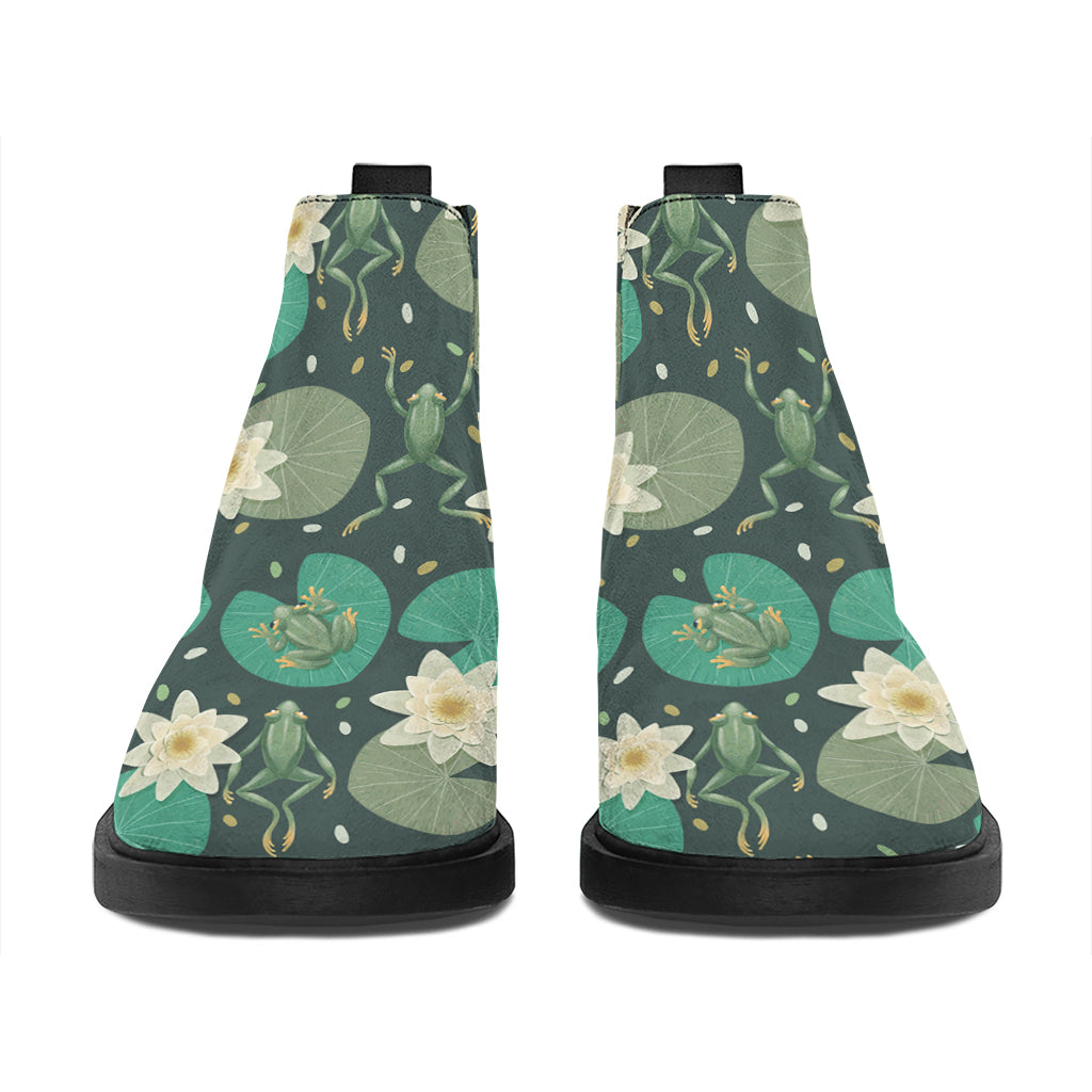 Frogs And Water Lilies Pattern Print Flat Ankle Boots