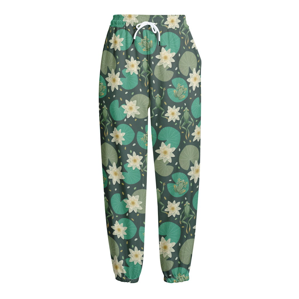 Frogs And Water Lilies Pattern Print Fleece Lined Knit Pants