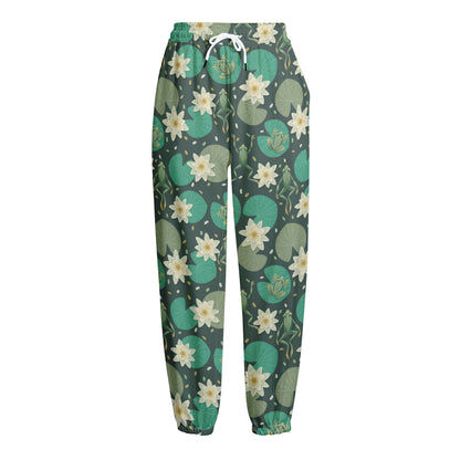 Frogs And Water Lilies Pattern Print Fleece Lined Knit Pants