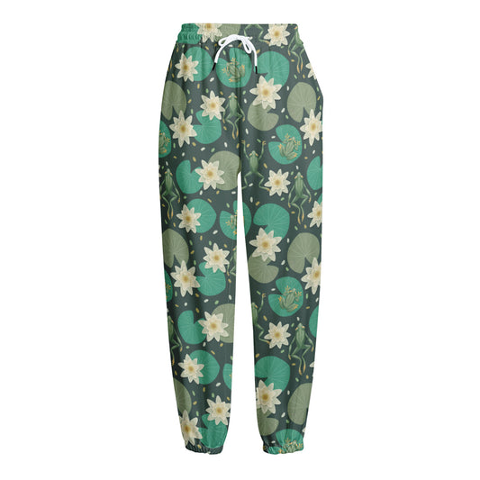 Frogs And Water Lilies Pattern Print Fleece Lined Knit Pants
