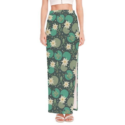 Frogs And Water Lilies Pattern Print High Slit Maxi Skirt