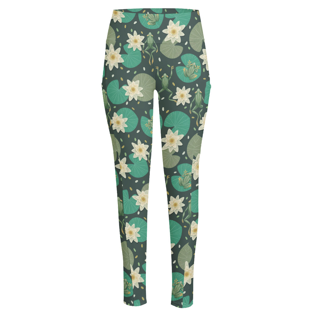 Frogs And Water Lilies Pattern Print High-Waisted Pocket Leggings