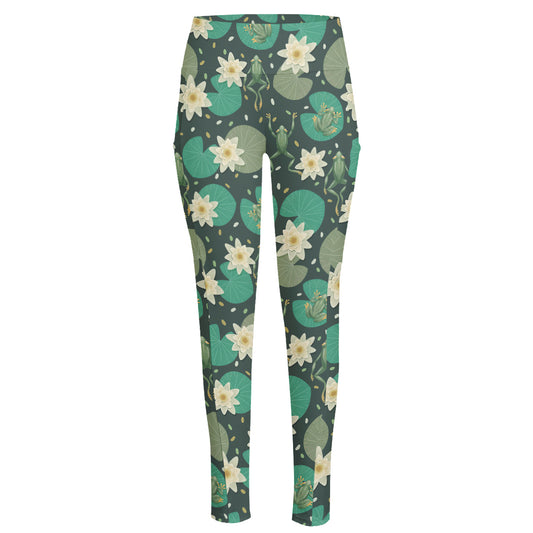 Frogs And Water Lilies Pattern Print High-Waisted Pocket Leggings
