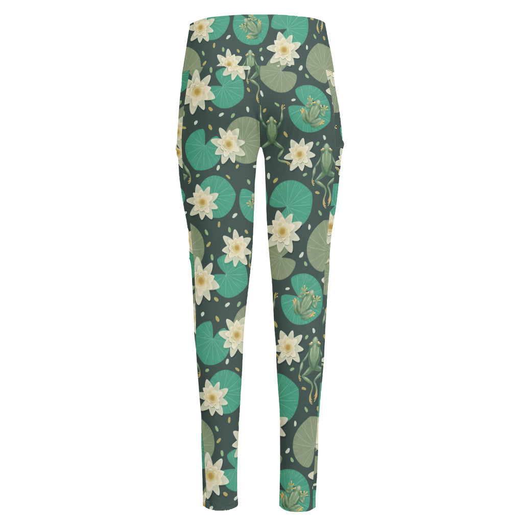 Frogs And Water Lilies Pattern Print High-Waisted Pocket Leggings
