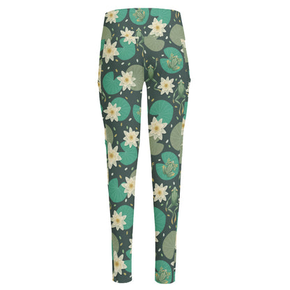 Frogs And Water Lilies Pattern Print High-Waisted Pocket Leggings