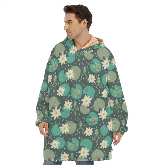 Frogs And Water Lilies Pattern Print Hoodie Blanket