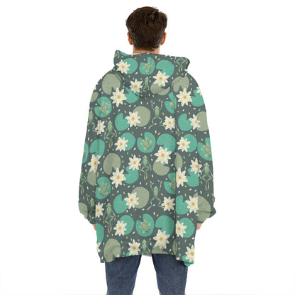 Frogs And Water Lilies Pattern Print Hoodie Blanket
