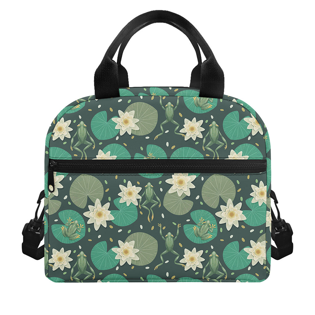 Frogs And Water Lilies Pattern Print Insulated Lunch Bag