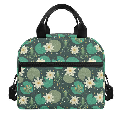 Frogs And Water Lilies Pattern Print Insulated Lunch Bag