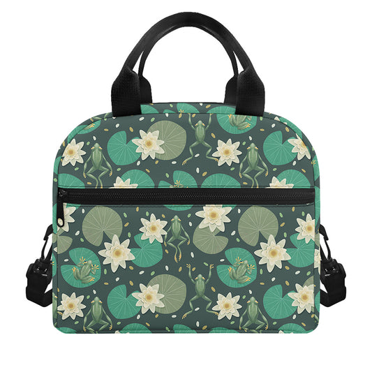 Frogs And Water Lilies Pattern Print Insulated Lunch Bag