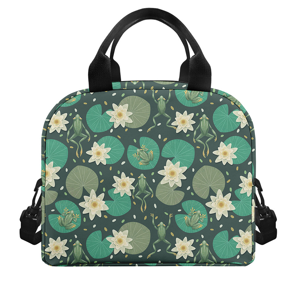 Frogs And Water Lilies Pattern Print Insulated Lunch Bag