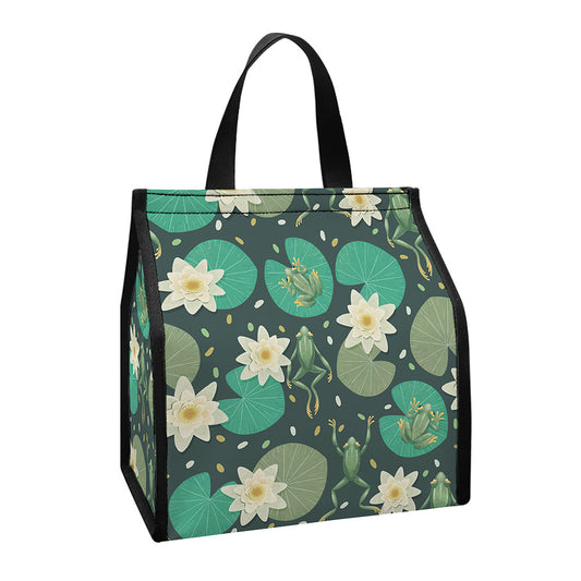 Frogs And Water Lilies Pattern Print Insulated Lunch Tote