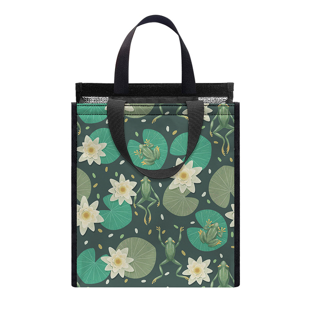 Frogs And Water Lilies Pattern Print Insulated Lunch Tote