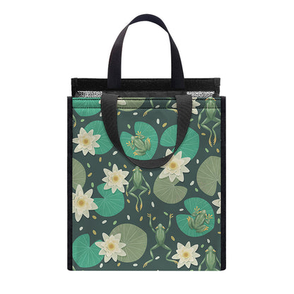 Frogs And Water Lilies Pattern Print Insulated Lunch Tote