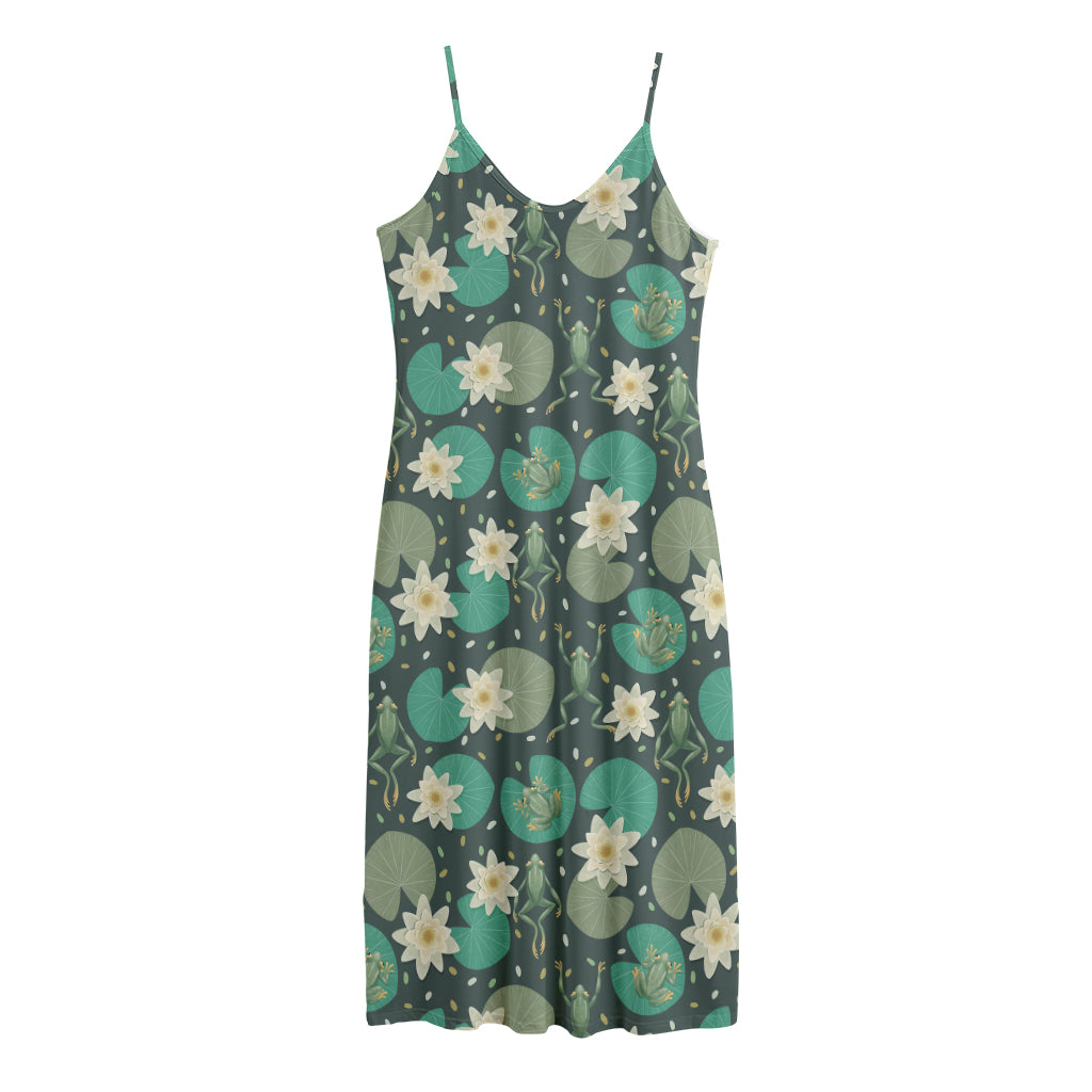 Frogs And Water Lilies Pattern Print Jersey Midi Cami Dress