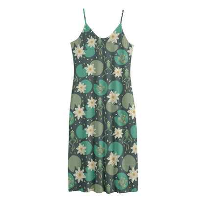 Frogs And Water Lilies Pattern Print Jersey Midi Cami Dress