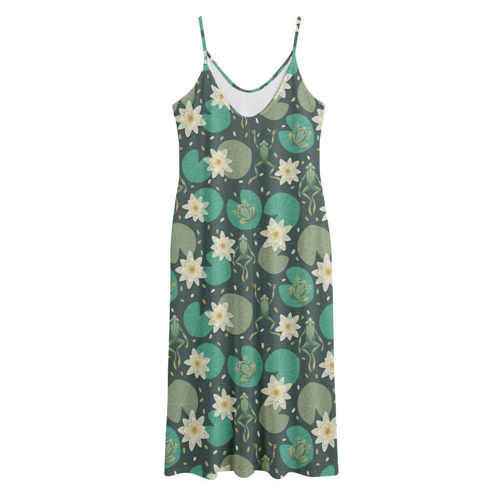 Frogs And Water Lilies Pattern Print Jersey Midi Cami Dress