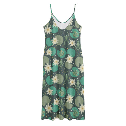 Frogs And Water Lilies Pattern Print Jersey Midi Cami Dress