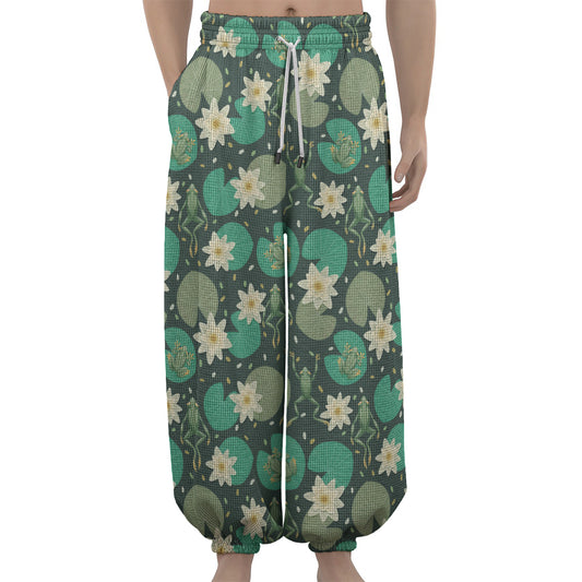 Frogs And Water Lilies Pattern Print Lantern Pants