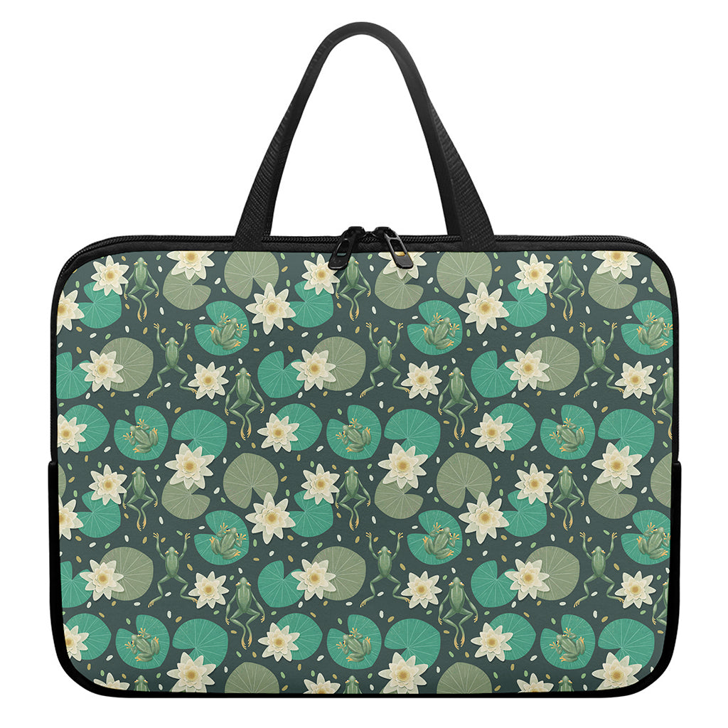 Frogs And Water Lilies Pattern Print Laptop Sleeve With Handle