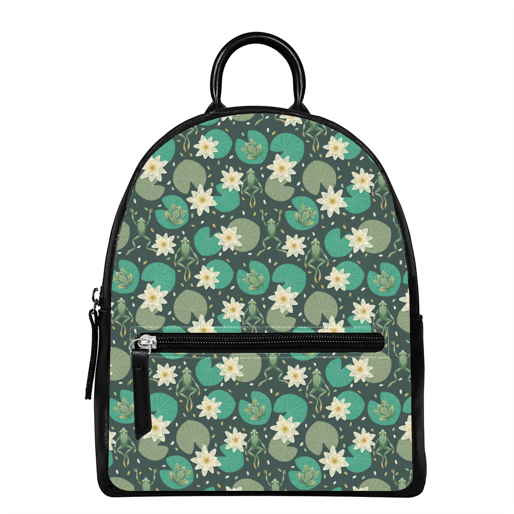 Frogs And Water Lilies Pattern Print Leather Backpack