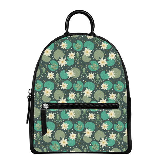 Frogs And Water Lilies Pattern Print Leather Backpack