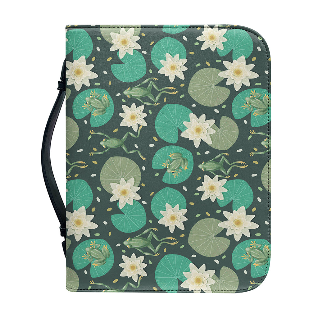 Frogs And Water Lilies Pattern Print Leather Bible Cover