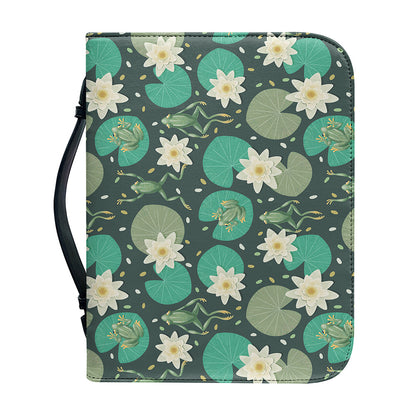 Frogs And Water Lilies Pattern Print Leather Bible Cover