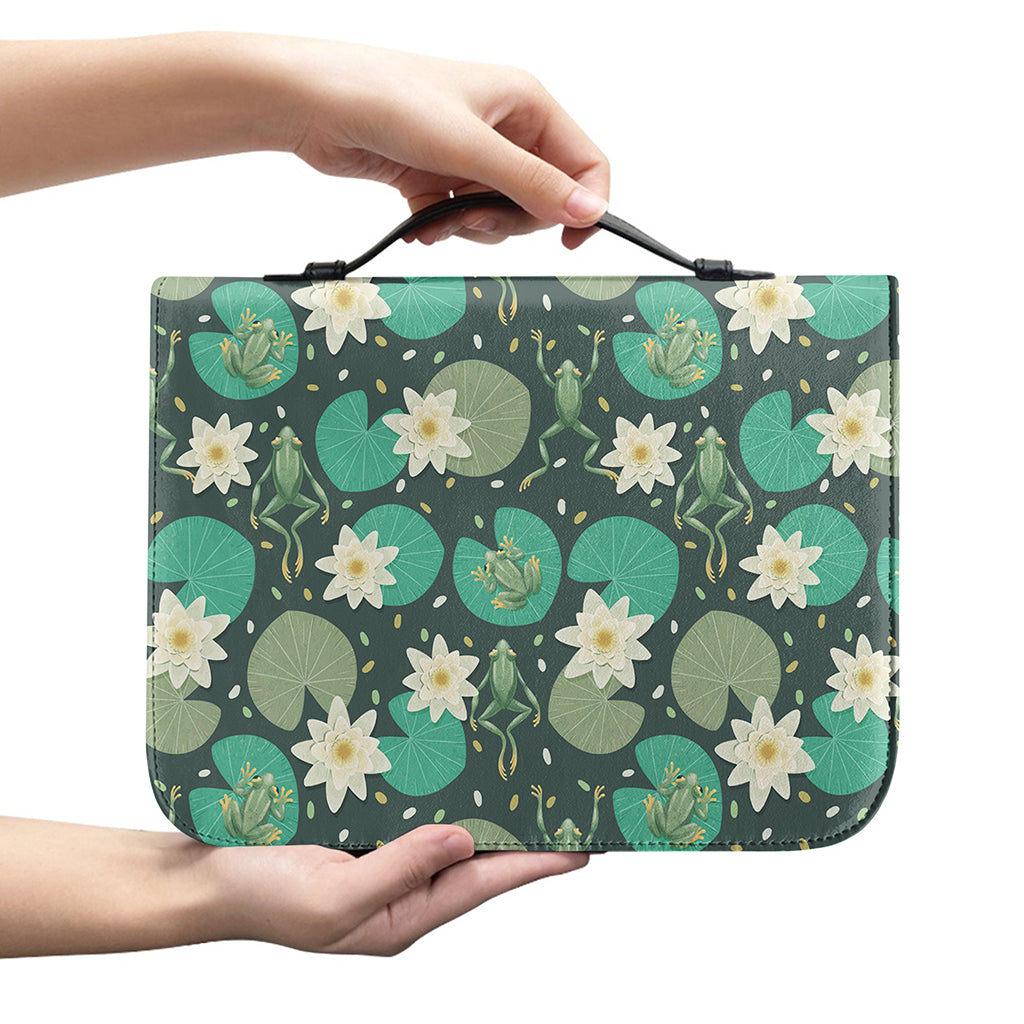 Frogs And Water Lilies Pattern Print Leather Bible Cover