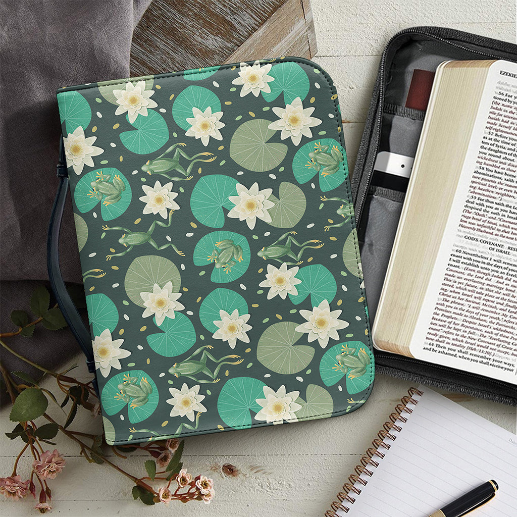 Frogs And Water Lilies Pattern Print Leather Bible Cover