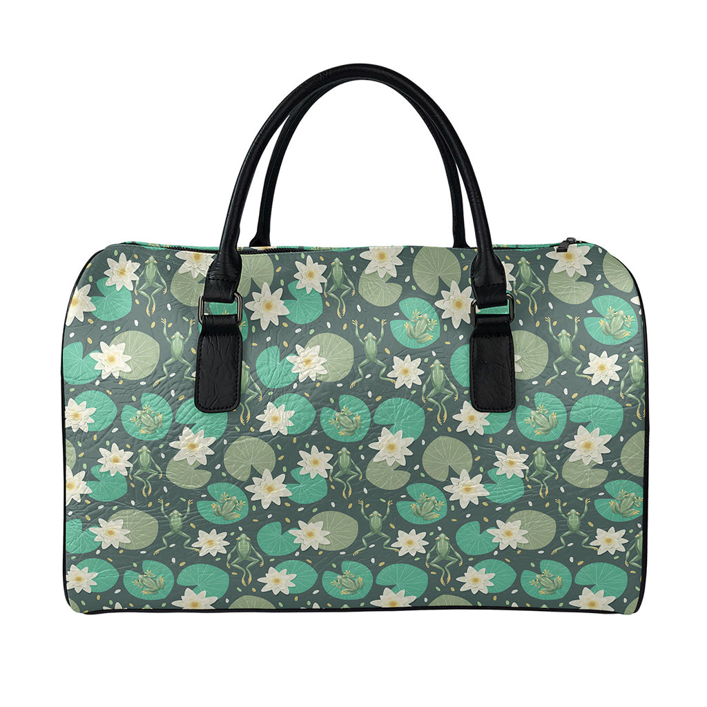 Frogs And Water Lilies Pattern Print Leather Duffle Bag