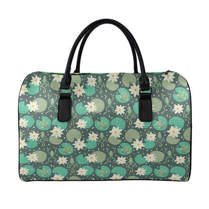 Frogs And Water Lilies Pattern Print Leather Duffle Bag