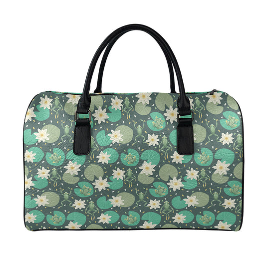 Frogs And Water Lilies Pattern Print Leather Duffle Bag