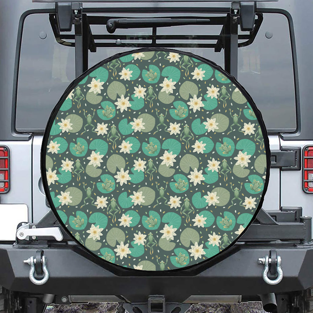 Frogs And Water Lilies Pattern Print Leather Spare Tire Cover