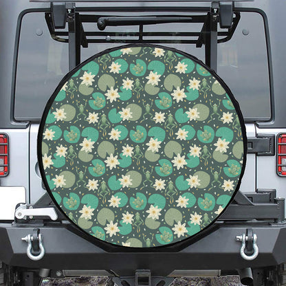 Frogs And Water Lilies Pattern Print Leather Spare Tire Cover