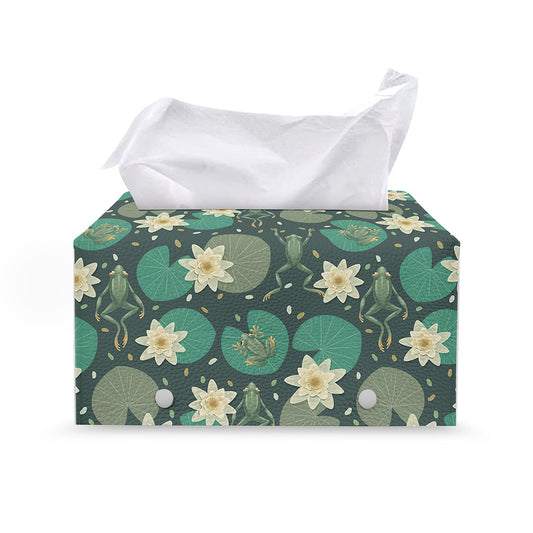 Frogs And Water Lilies Pattern Print Leather Tissue Box Cover