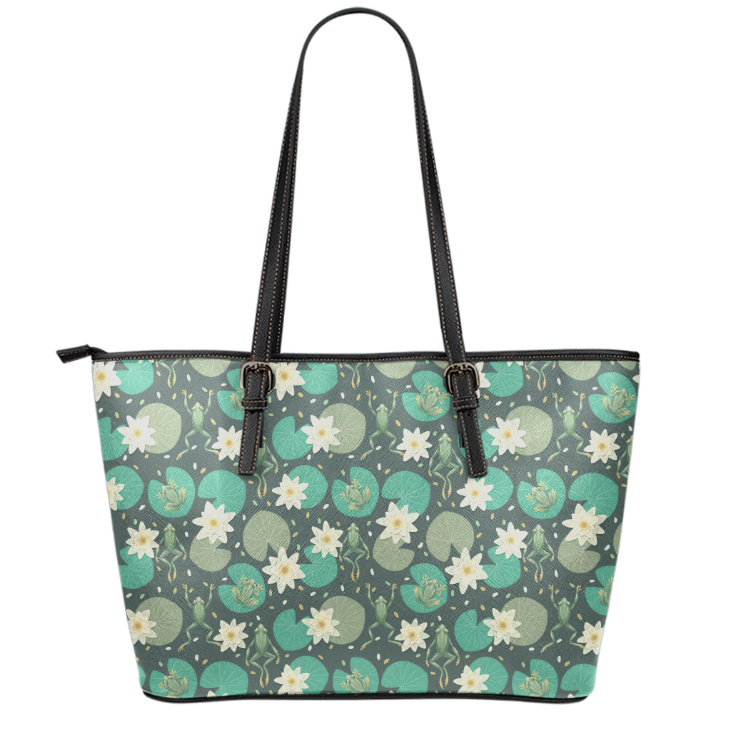Frogs And Water Lilies Pattern Print Leather Tote Bag