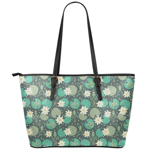 Frogs And Water Lilies Pattern Print Leather Tote Bag