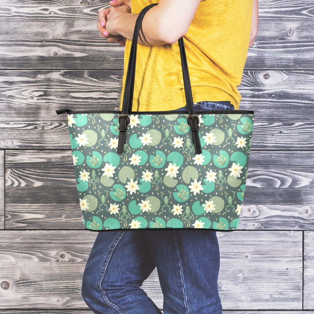 Frogs And Water Lilies Pattern Print Leather Tote Bag