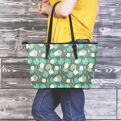 Frogs And Water Lilies Pattern Print Leather Tote Bag