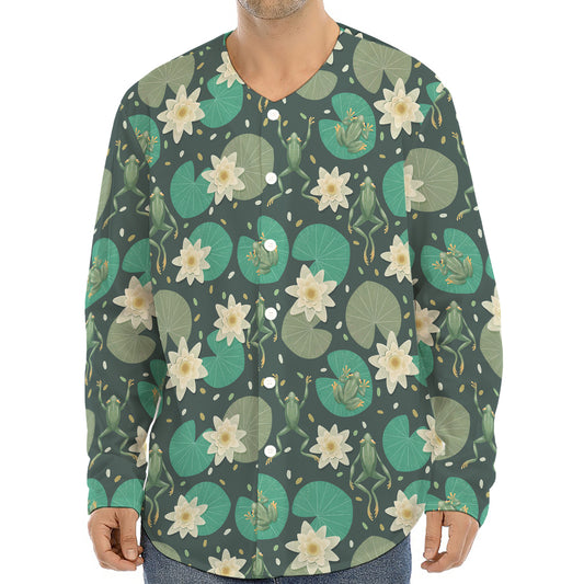 Frogs And Water Lilies Pattern Print Long Sleeve Baseball Jersey