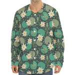 Frogs And Water Lilies Pattern Print Long Sleeve Baseball Jersey