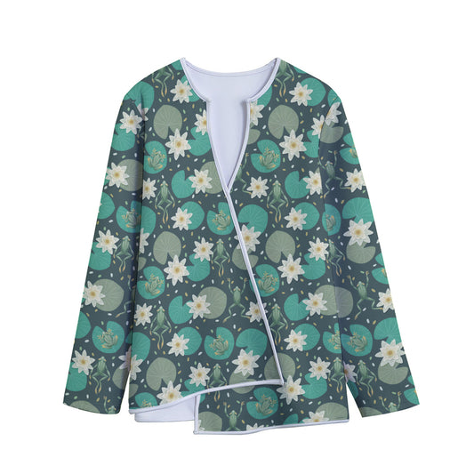 Frogs And Water Lilies Pattern Print Long Sleeve Short Coat