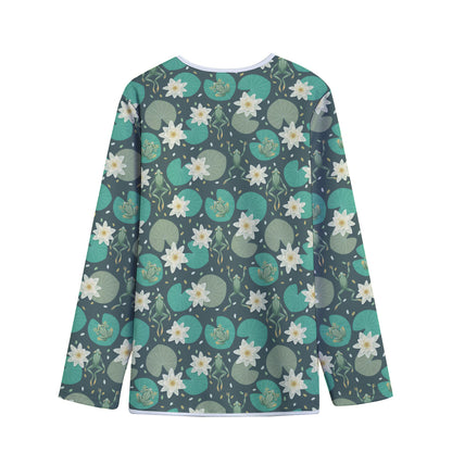 Frogs And Water Lilies Pattern Print Long Sleeve Short Coat