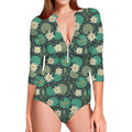 Frogs And Water Lilies Pattern Print Long Sleeve Swimsuit