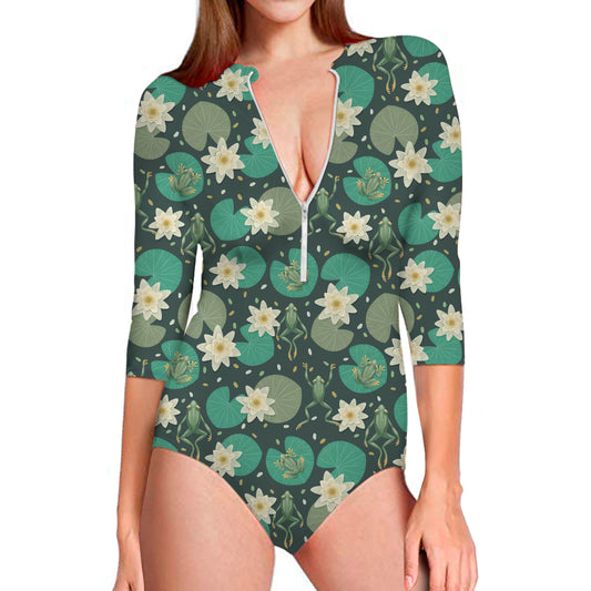 Frogs And Water Lilies Pattern Print Long Sleeve Swimsuit