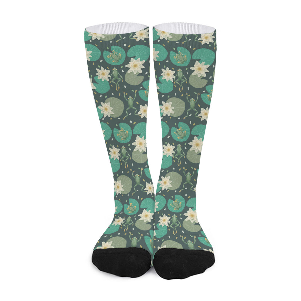 Frogs And Water Lilies Pattern Print Long Socks