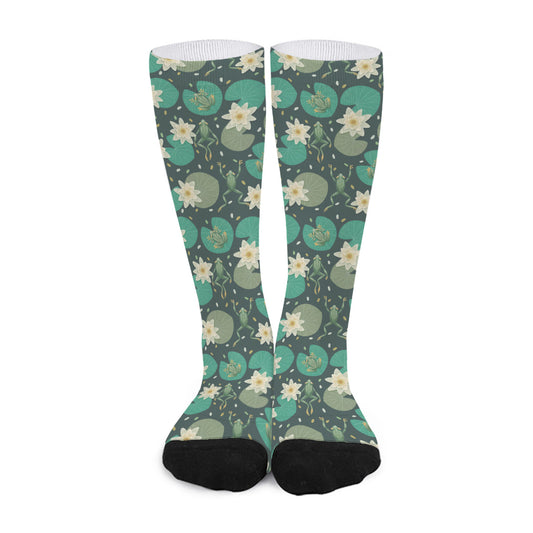 Frogs And Water Lilies Pattern Print Long Socks